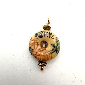 Vintage Asian Carved Donut Pendant Chinese Characters Ivory Tone Hand Painted Ch